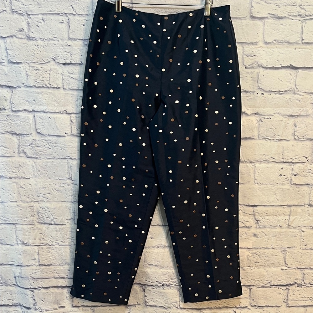 Talbots Cropped Pants 100% Silk Embroidered Polka Dots Size 12 Navy Blue